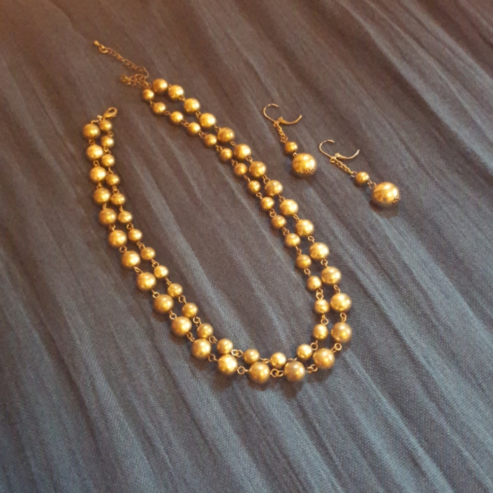 Gold-toned Bead Layered Necklace and Earring Set